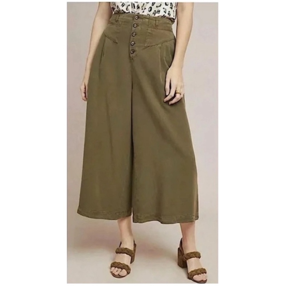 Anthropologie Boho Oceanside Green Cropped Wide Leg Pant High Waist Button Front - Picture 3 of 7